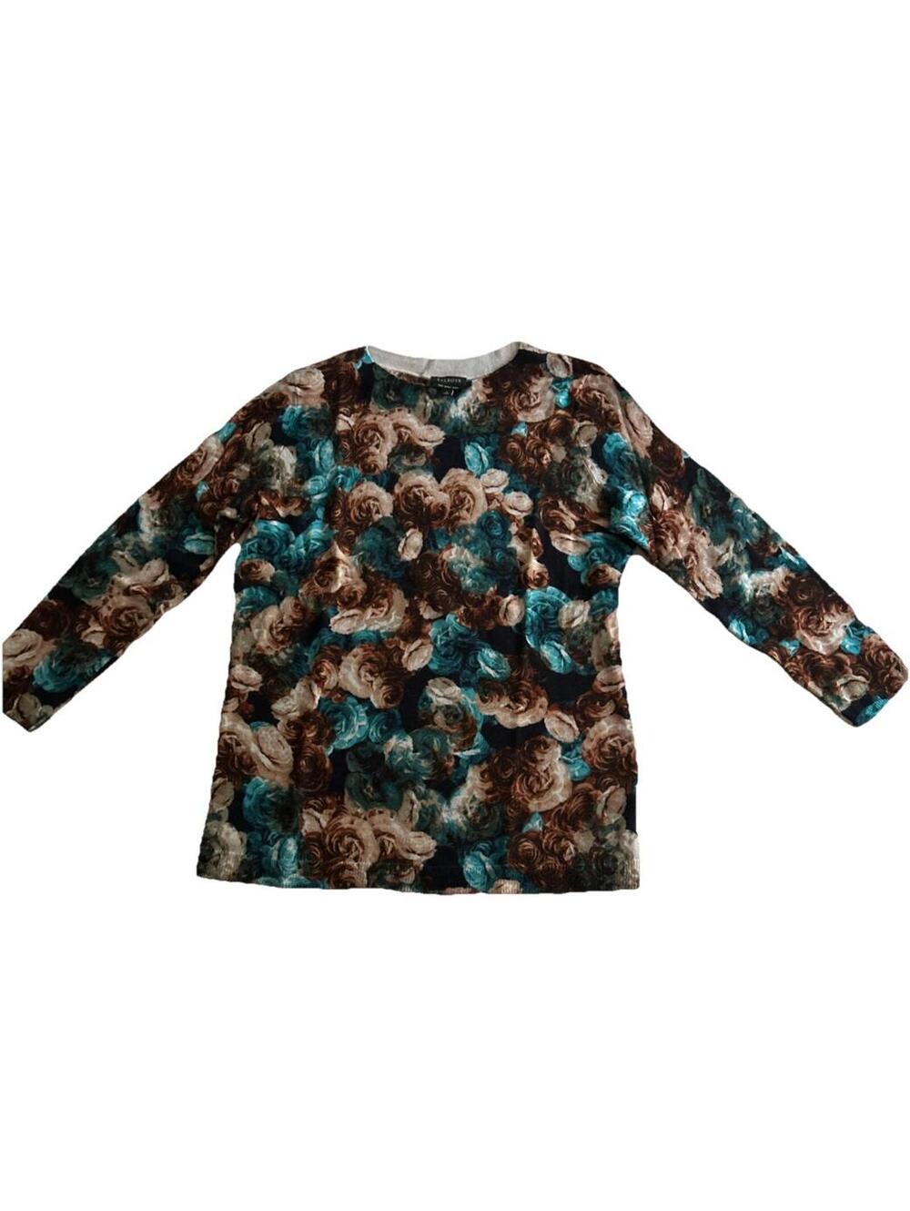 Talbots Women’s 100% Merino Wool Teal Brown Roses Crewneck Pullover Sweater S